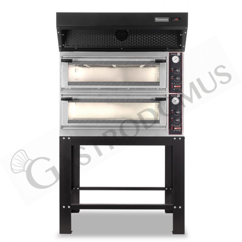 Forno Elettrico meccanico porta vetro 4 teglie 600x400 o 4+4 pizze Ø400mm, cappa a condensazione nera e supporto