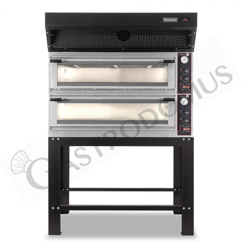 Forno Elettrico meccanico porta vetro 8 teglie 600x400 o 6+6 pizza Ø400mm, cappa a condensazione nera e supporto