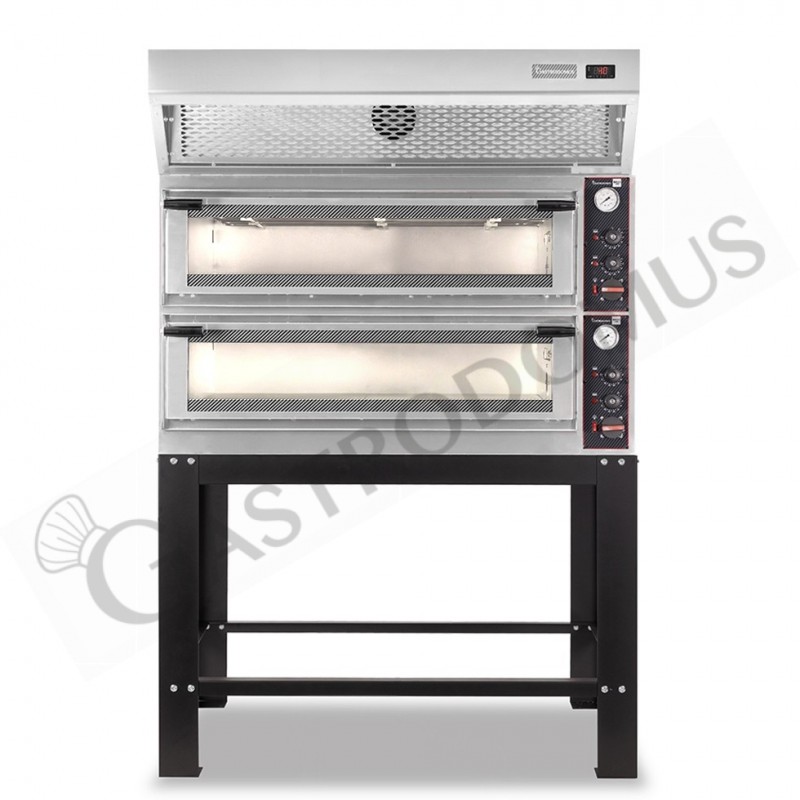 Forno Elettrico meccanico porta vetro 8 teglie 600x400 o 6+6 pizze Ø400mm, cappa a condensazione inox e supporto