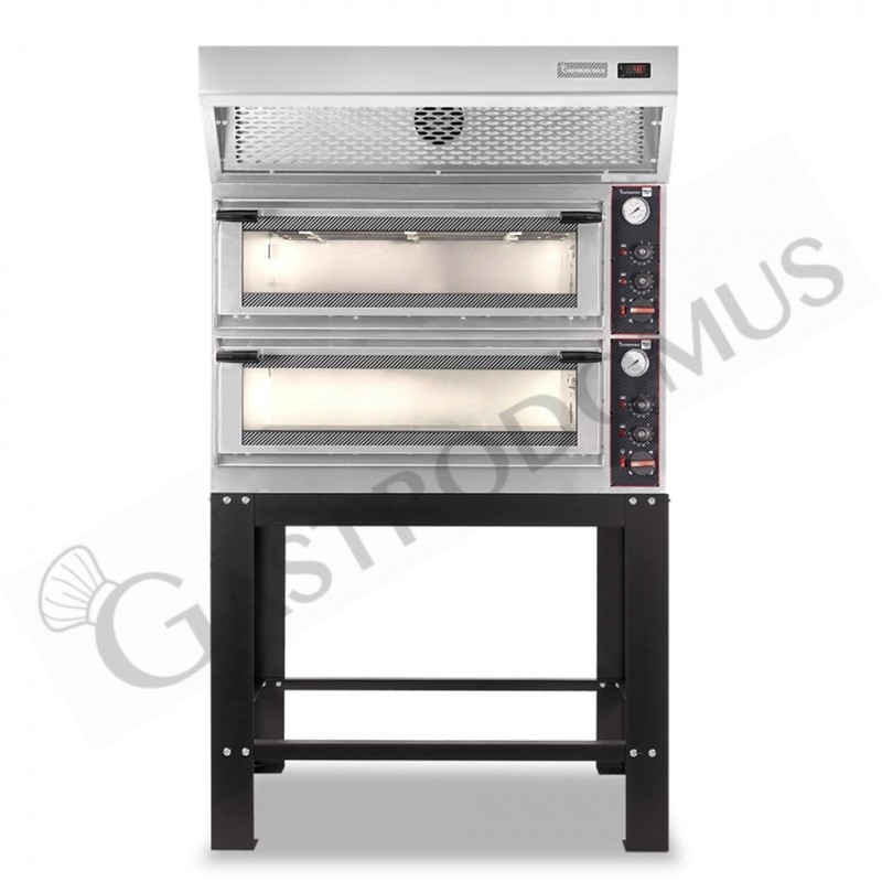 Forno Elettrico meccanico porta vetro 4 teglie 600x400 o 4+4 pizze Ø400mm, cappa a condensazione inox e supporto