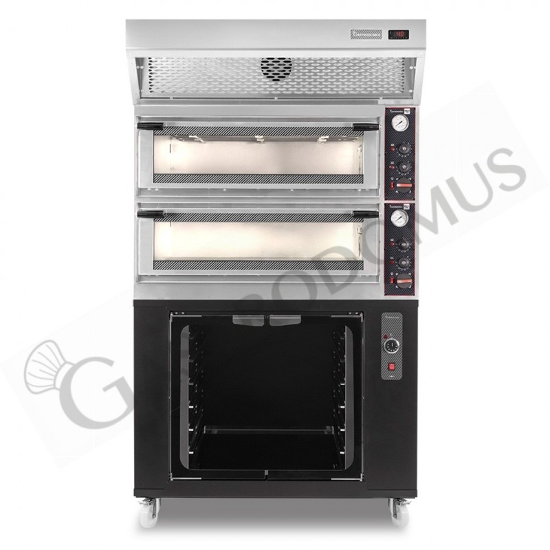 Forno Elettrico meccanico porta vetro 4 teglie 600x400 o 4+4 pizze Ø400mm,cappa a condensazione inox,cella di lievitazione nera