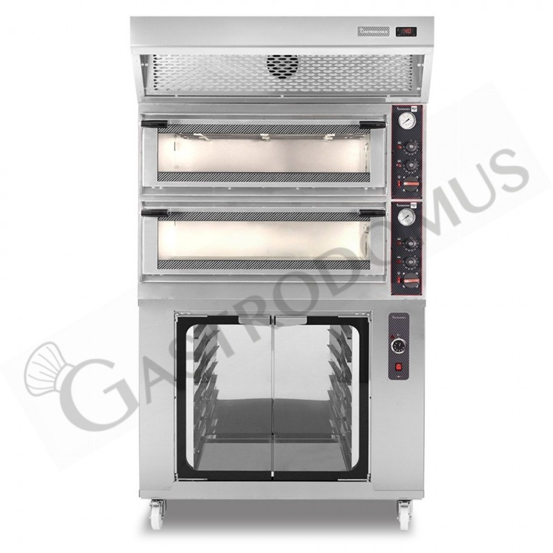 Forno Elettrico meccanico porta vetro 4 teglie 600x400 o 4+4 pizze Ø400mm,cappa a condensazione e cella di lievitazione inox