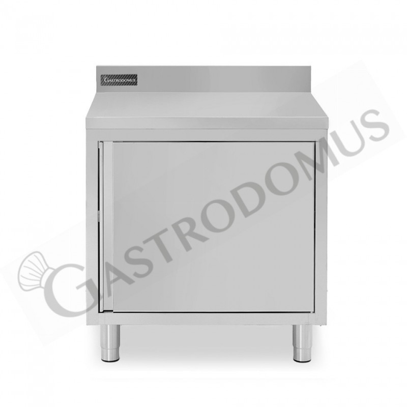 Tavolo armadiato inox con 1 porta battente, alzatina, L 800 mm x P 600 mm x H 950 mm