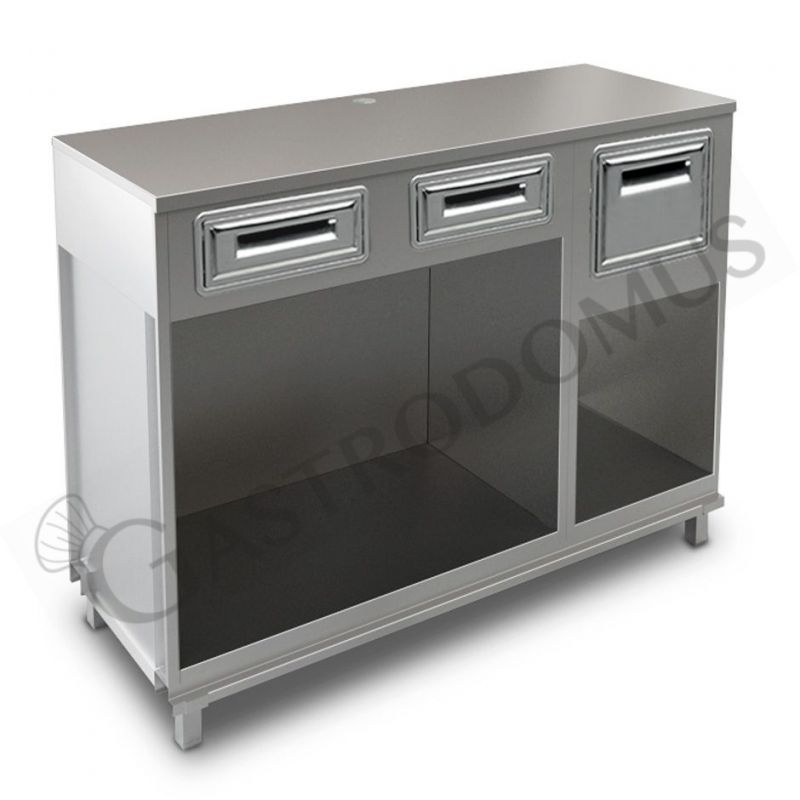 Bancone bar per macchina caffè top in inox, 2 cassetti di servizio e tramoggia battifiltro - L 1500 mm x P 550 mm x H 1140 mm