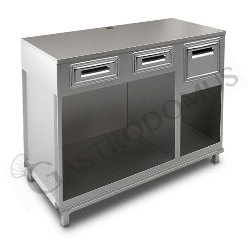 Bancone bar per macchina caffè top in inox, 2 cassetti di servizio e tramoggia battifiltro - L 1500 mm x P 670 mm x H 1140 mm