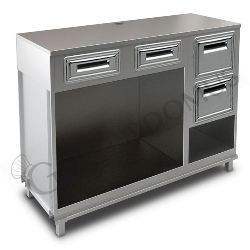 Bancone con top inox, 2 cassetti di servizio e tramoggia battifiltro con riserva - L 1500 mm x P 670 mm x H 1140 mm