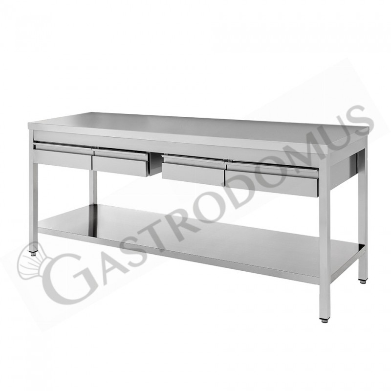 Tavolo in acciaio inox con ripiano e 4 cassetti, misure 2000x600mm