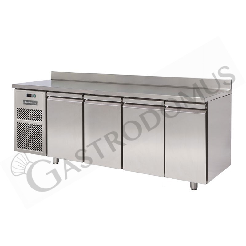 Tavolo refrigerato motore a sinistra 4 porte con alzatina Prof. 600 mm temperatura 0°C/+10°C