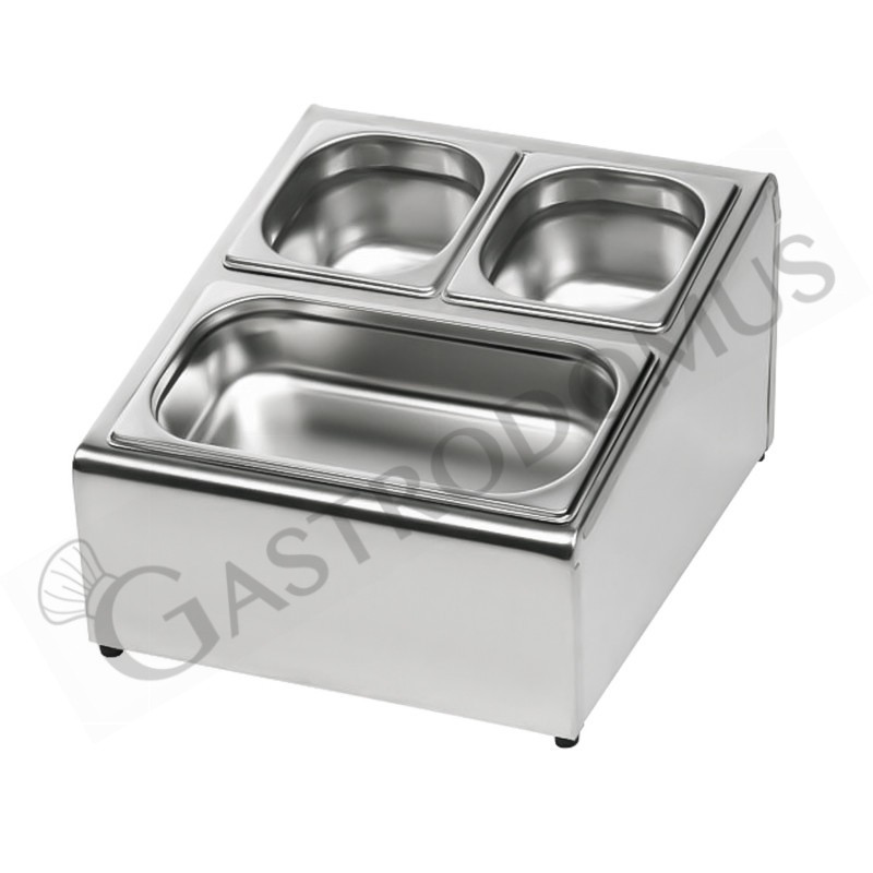 Espositore gastronorm in acciaio inox predisposto per 4 bacinelle GN1/6 altezza 150 mm